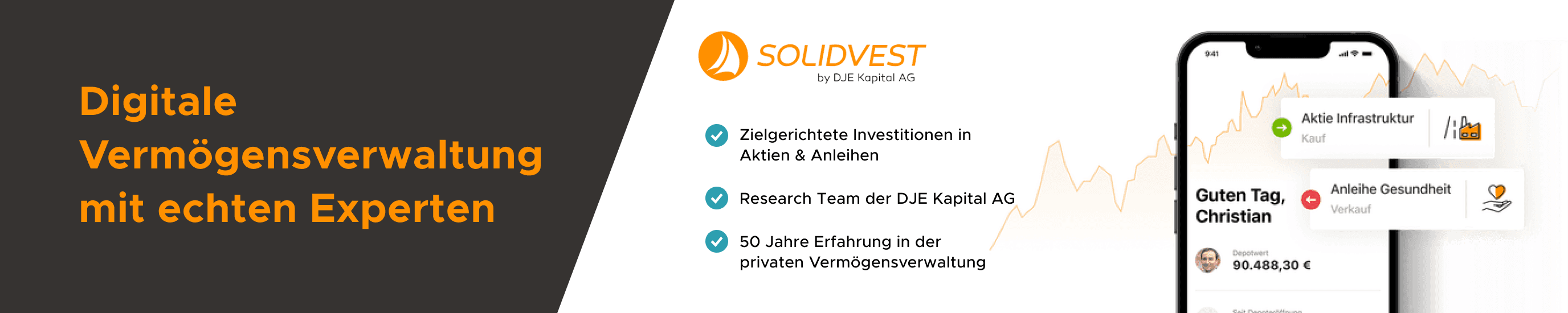 Werbebanner von Solidvest: Links Logo, Slogan Digitale Vermögensverwaltung mit echten Experten und drei Aufzählungspunkte. Rechts ein Smartphone mit Depotwert und Kauf- bzw. Verkaufshinweisen.